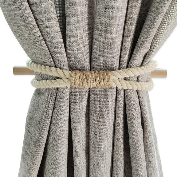 Curtain Tiebacks Rustic Holdbacks for Drapes, Farmhouse Tie Backs for Curtains, Cotton Jute Rope with Wood Club, Natural Boho Decor Shabby Chic Drapery Holder, Pack-2