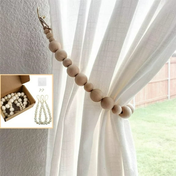 Curtain Tiebacks, Set Of 2 Curtain Holdbacks, Boho Curtain Tie Backs, Curtain Holders For Drapes, Natural Wood Bead Curtain Ties, Brass Hooks Included