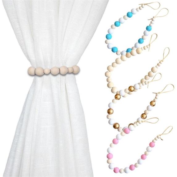 Curtain Tiebacks Set Natural-Wood Bead Ties Brass Hooks Included Bedroom Decor with 2 Holdbacks