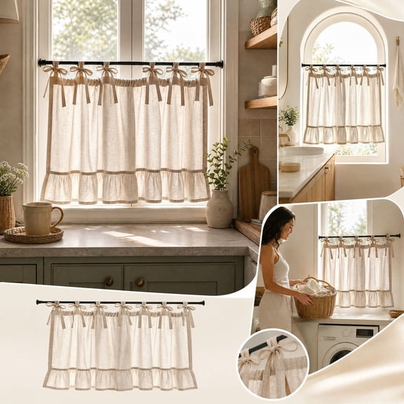 Curtain Tier Bow Ruffled Window Valance For Kitchen Small Window Decoration
