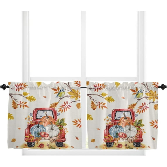 Curtain Tier and Valance Set 2 Piece Semi Sheer Rod Pocket Valance Small Half Window Tier Curtains Thanksgiving Fall Pumpkin Truck Leaves Plants Valances for Kitchen 2 Tiers(27.5"x36")