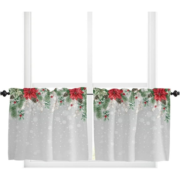 Curtain Tiers Valance, Christmas Poinsettia Flower Pine Cones Eucalyptus Leaf Winter Snowflake Gray Rod Pocket Window Treatment Panels for Kitchen, Bathroom, Bedroom, 2 Panels, 27.5" x 36"