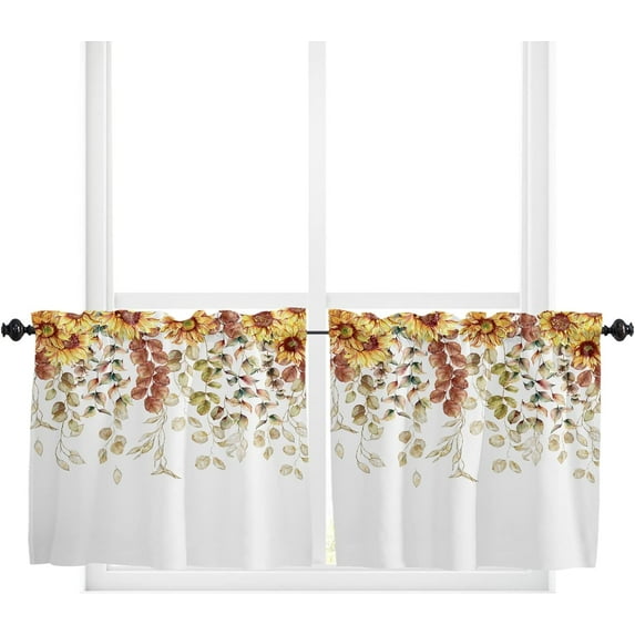 Curtain Tiers Valance, Fall Sunflower Eucalyptus Leaves Thanksgiving Autumn Watercolor Floral Plant Rod Pocket Window Treatment Panels for Kitchen, Bathroom, Bedroom, 2 Panels, 27.5" x 24"