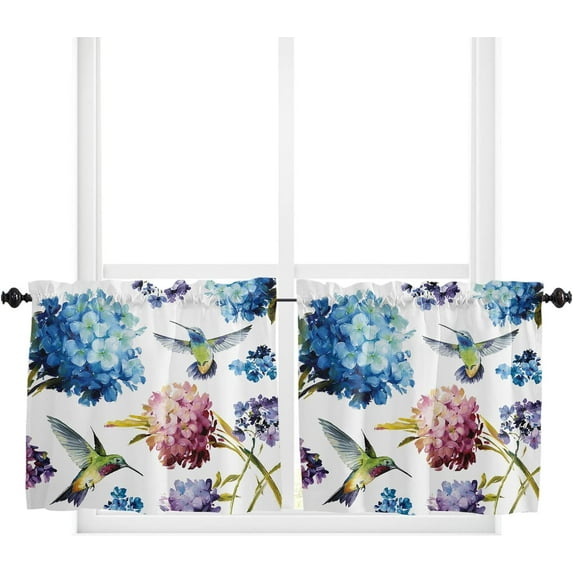 Curtain Tiers Valance, Hummingbird Hydrangea Vintage Watercolor Floral Print Flower Bird Rod Pocket Window Treatment Panels for Living Room, Kitchen, Bathroom, Bedroom, 2 Panels, 27.5" x 36"