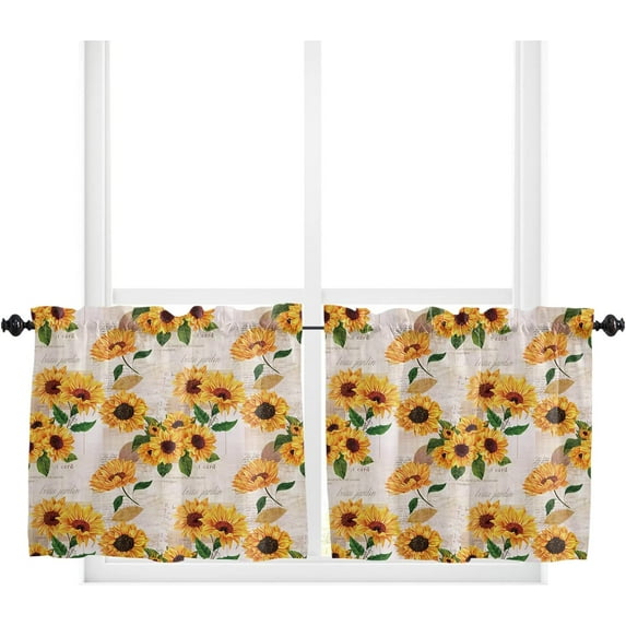 Curtain Tiers Valance, Sunflower Yellow Floral Retro Newspaper Background Farm Flower Oil Oainting Art Rod Pocket Window Treatment Panels for Kitchen, Bathroom, Bedroom, 2 Panels, 27.5" x 36"