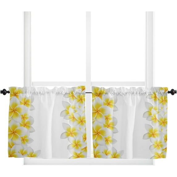 Curtain Tiers Valance, Yellow Plumeria Flower Pattern White Background Rod Pocket Window Treatment Panels for Living Room, Kitchen, Bathroom, Bedroom, 2 Panels, 27.5" x 36"