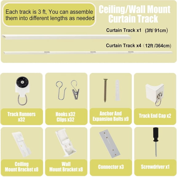 Curtain Track Ceiling Mount, 3-12FT Heavy Duty Aluminum Curtains Track System, Ceiling/Wall Mount Curtain Rail with Hooks for Bedroom Shower Living Room Divider