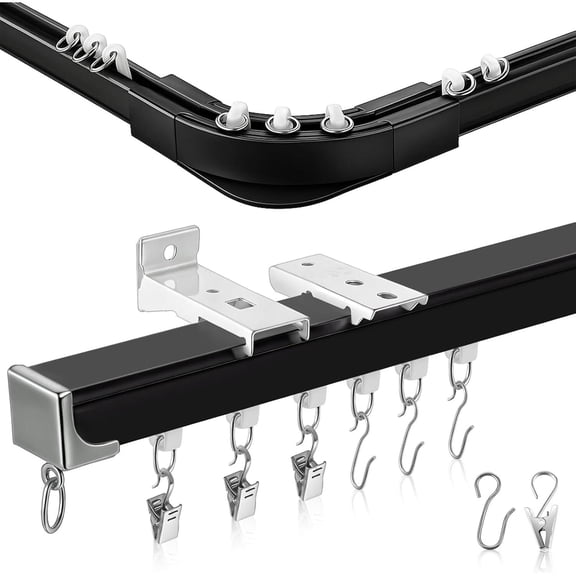 Curtain Track Set with Corner Bends, Ceiling or Wall Mount, Aluminum Heavy Duty Adjustable Length Curtain Rails with Rods Clips Hooks (Black)