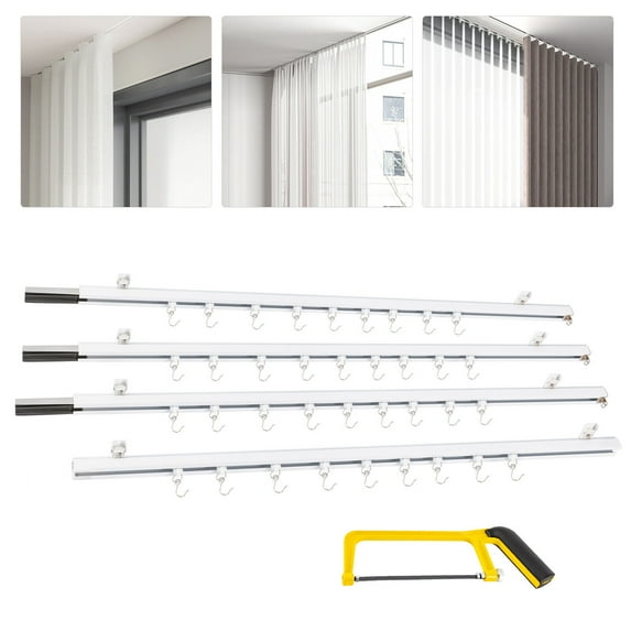 White Ceiling Mount Curtain Track Kit with Hooks Small Size Living Room for Space 9ft-12ft Wide, Scalable