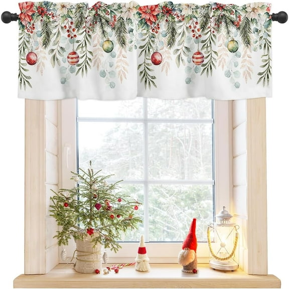 Curtain Valance, Christmas Colored Balls Eucalyptus Leaves Poinsettia Snowflake Berry Winter Rod Pocket Valance Short Window Decor Curtains for Kitchen Bathroom Bedroom,1 Panel 54" x 18"