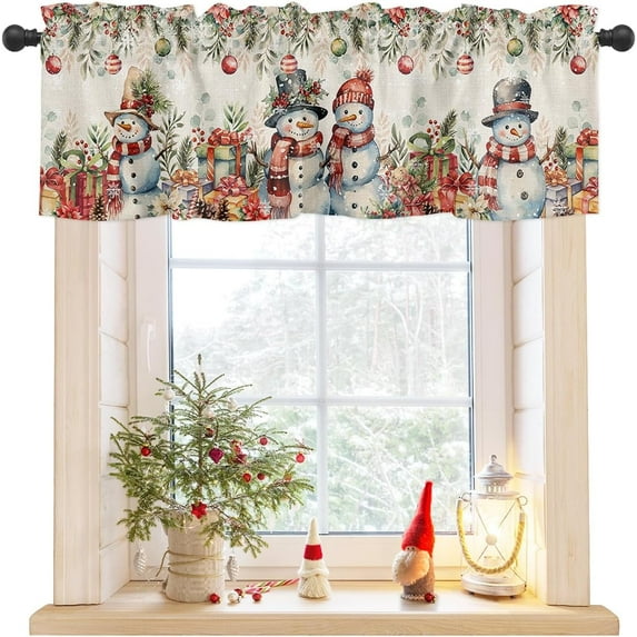 Curtain Valance, Christmas Snowman Poinsettia Gift Leaves Snowflake Holly Pinecone Winter Vintage Rod Pocket Valance Short Window Decor Curtains for Kitchen Bathroom Bedroom,1 Panel 54" x 18"