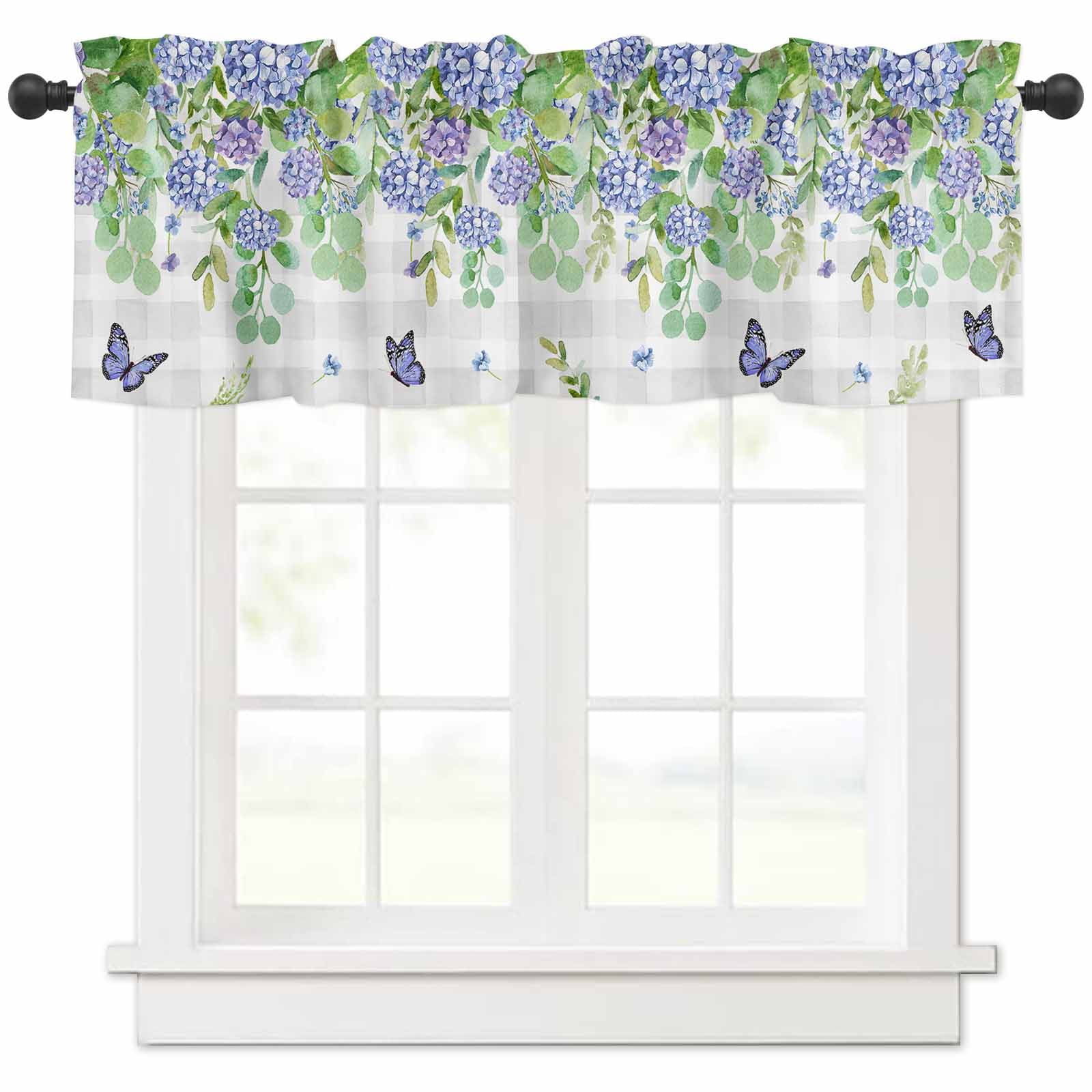 Curtain Valance, Spring Summer Purple Hydrangea Flowers Eucalyptus