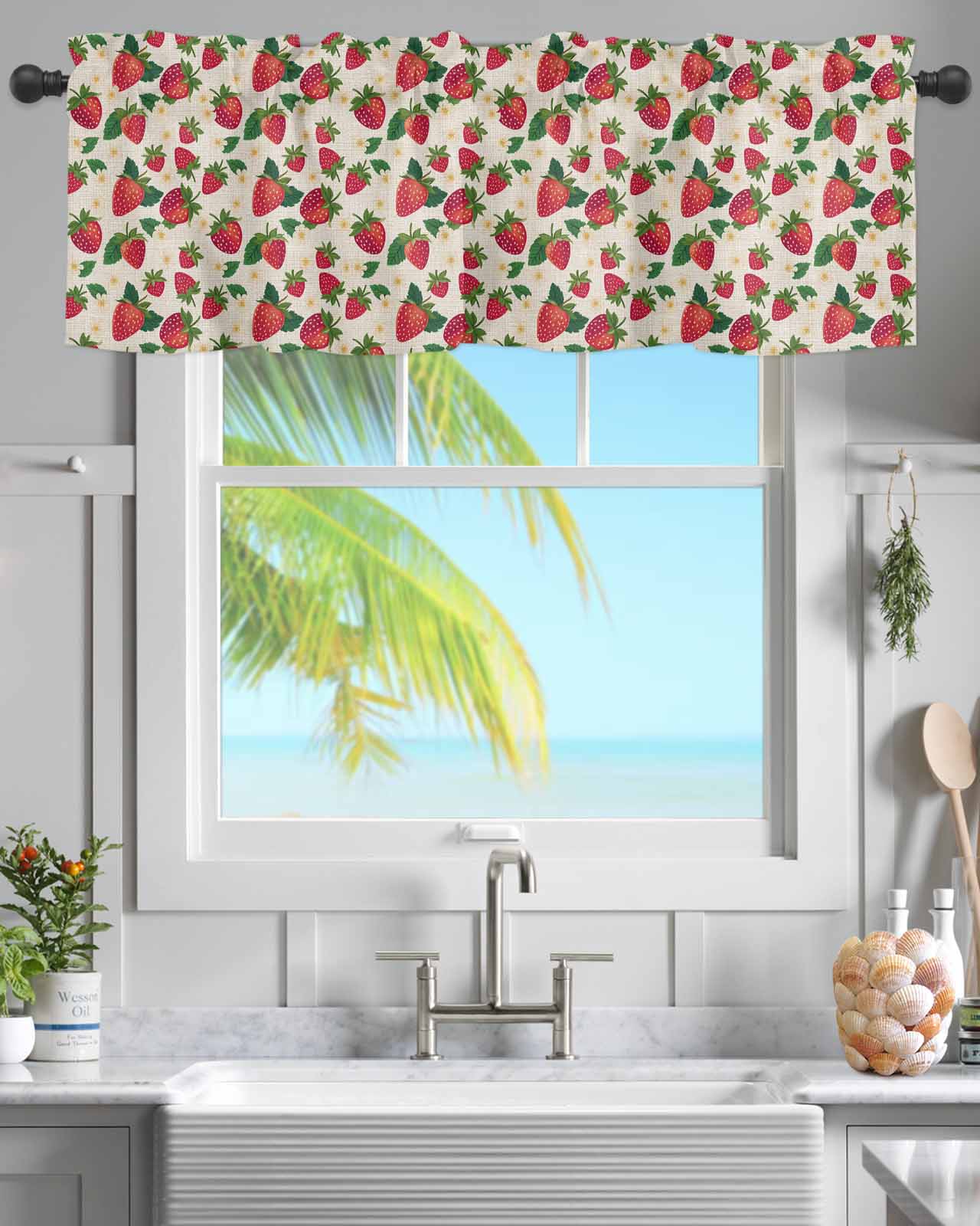 Curtain Valance, Strawberry Summer Flower Seamless Rod Pocket Short ...