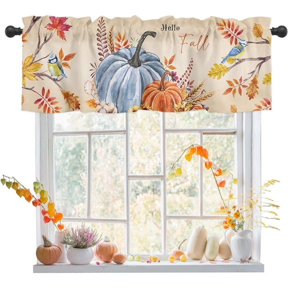 Curtain Valance, Thanksgiving Pumpkin Fall Maple Leaf Tree Bird Rod Pocket Valance Short Window Decor Curtains for Kitchen Bathroom Bedroom,1 Panel 54" x 18"