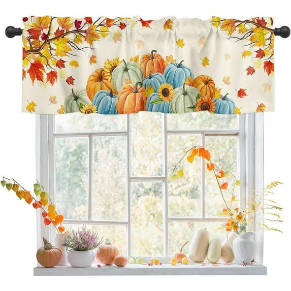 Curtain Valance, Thanksgiving Pumpkin Sunflower Maple Leaf Autumn Rod Pocket Valance Short Window Decor Curtains for Kitchen Bathroom Bedroom,1 Panel 54" x 18"