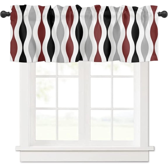 Curtain Valance, Wave Stripes Geometric Pattern Mid Century Black Gray Burgundy Red Short Rod Pocket Window Treatment for Living Room, Bedroom, Kitchen, Bathroom, 1 Panel, 54" W x 18" L