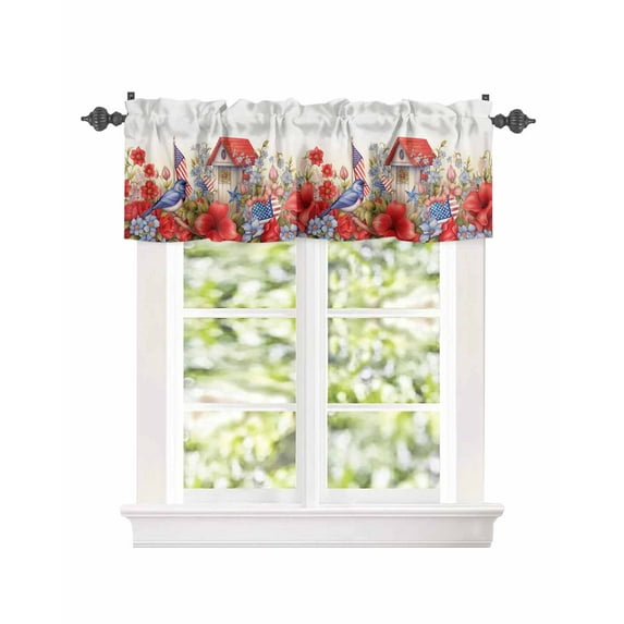 Curtain Valance for Windows 4th of July Bird on Red Flower Branch Kitchen Valances Rod Pocket Short Curtains,Watercolor USA Flag Window Treatment Panel for Living Room Bathroom Bedroom 42x18in