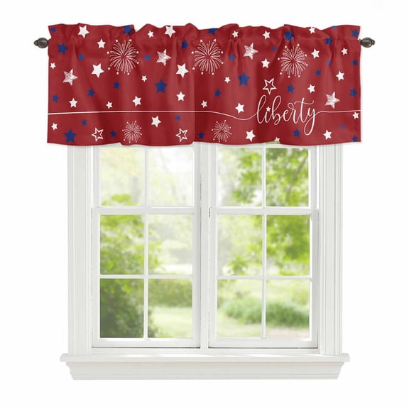 Curtain Valance for Windows, 4th of July White Blue Star on Red Kitchen Valances Rod Pocket Short Curtains, Patriotic Liberty Concept Window Valance for Bedroom Bathroom Living room 42x12in