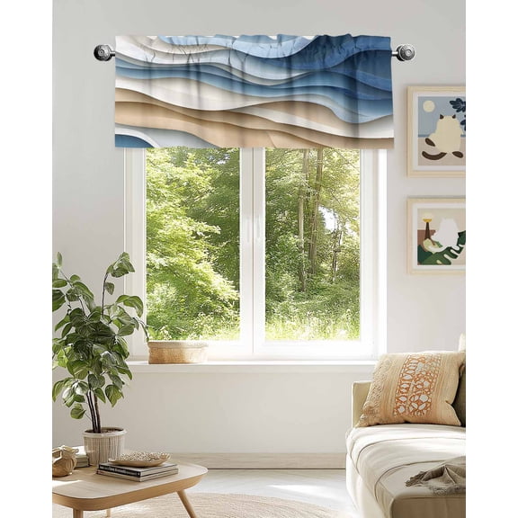 Curtain Valance for Windows,Abstract Art Blue Khaki Ombre Stripe Kitchen Valances Rod Pocket Short Curtains,Ocean Water Ripple Window Treatment Panel for Bedroom Bathroom 42x18in