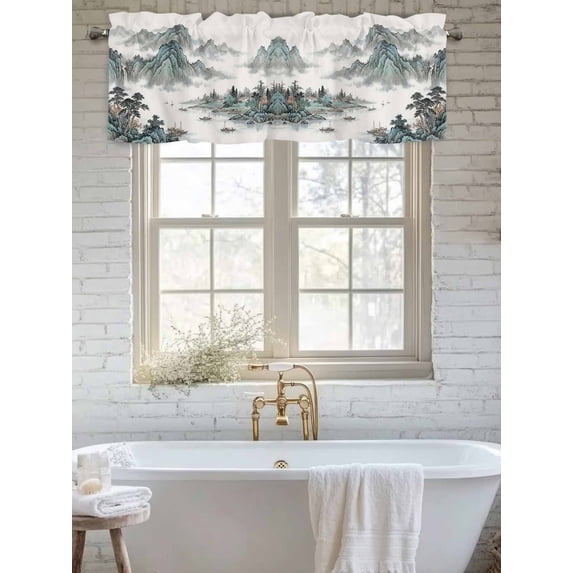 Curtain Valance for Windows, Abstract Chinese Mountains Trees Sailboats Kitchen Valances Rod Pocket Short Curtains, Ink Painting Window Valance for Bedroom Bathroom Living room 56x16in