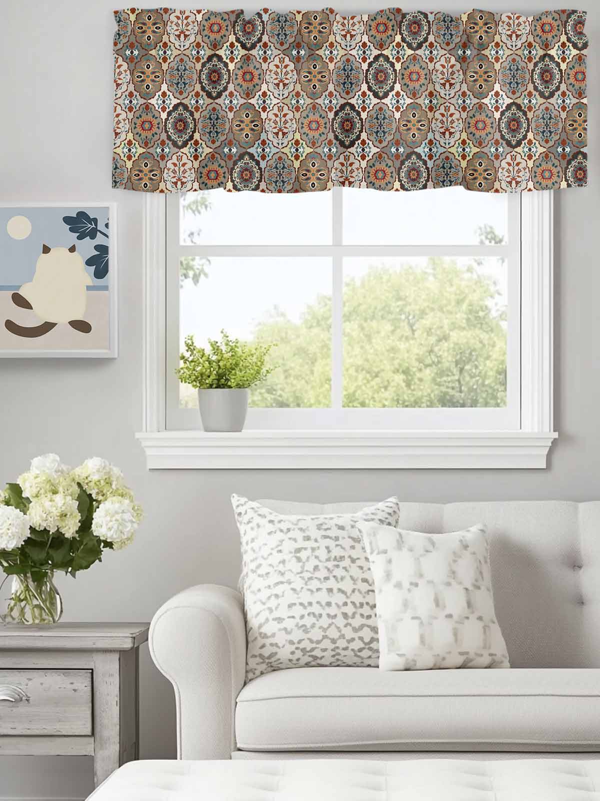 Curtain Valance for Windows, Abstract Ethnic Floral Art Kitchen ...