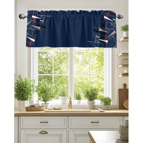 Curtain Valance for Windows,Abstract Geometric on Navy Blue Kitchen Valances Rod Pocket Short Curtains,Color Block Minimalist Style Window Treatment Panel for Bedroom Bathroom 42"x18"