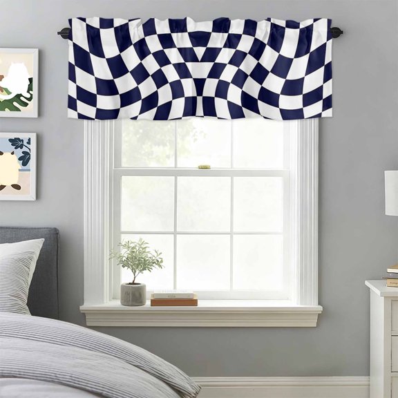 Curtain Valance for Windows, Abstract Illusion Aesthetic Grid Art Kitchen Valances Rod Pocket Curtains, Distorted Navy Blue White Lattice Window Valance for Bedroom Bathroom Living room 42x18in