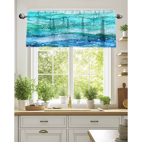 Curtain Valance for Windows,Abstract Marble Ombre Blue Ocean Wave Kitchen Valances Rod Pocket Short Curtains,Nautical Coastal Sea Window Treatment Panel for Bedroom Bathroom 54x18in