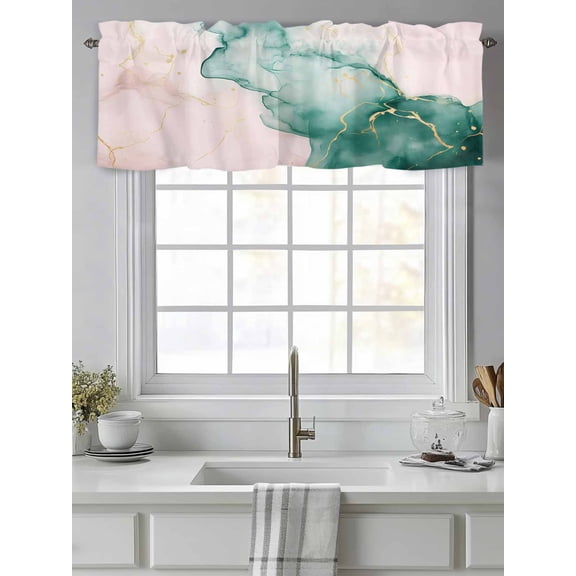 Curtain Valance for Windows,Abstract Marble Teal Gradient Kitchen Valances Rod Pocket Short Curtains,Gold Foil Ombre Art Window Treatment Panel for Bedroom Bathroom 42"x12"