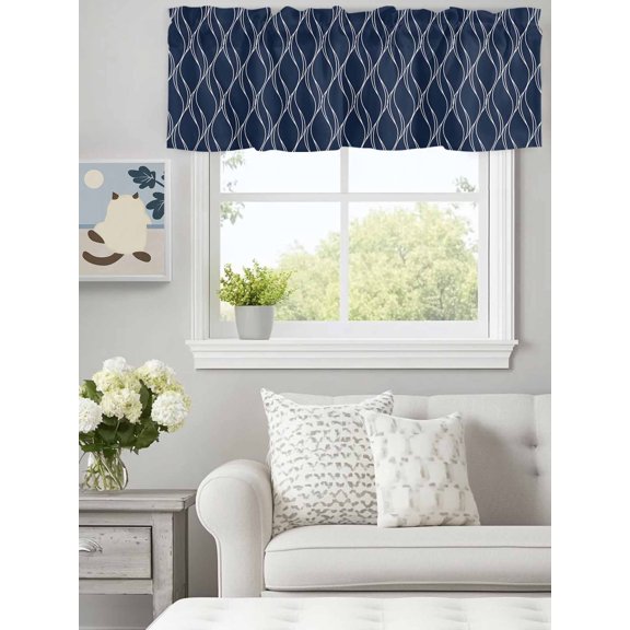 Curtain Valance for Windows,Abstract Navy Blue Waves Line Kitchen Valances Rod Pocket Short Curtains,Classic White Striped Wavy Window Treatment Panel for Bedroom Bathroom 60x18in