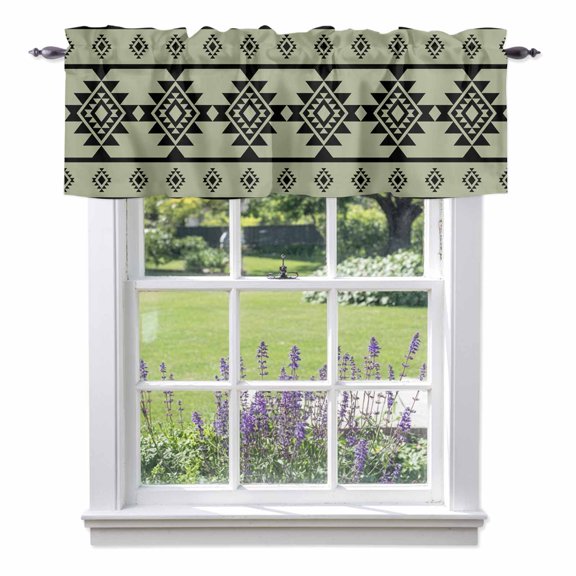 Curtain Valance for Windows, Abstract Traditional Trial on Light Green Kitchen Valances Rod Pocket Short Curtains, Retro Geometric Style Window Valance for Bedroom Bathroom Living room 42x12in