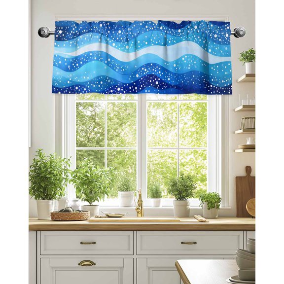 Curtain Valance for Windows,Abstract Wave Point Kitchen Valances Rod Pocket Short Curtains,Watercolor Blue Stripe Window Treatment Panel for Bedroom Bathroom 54x18in