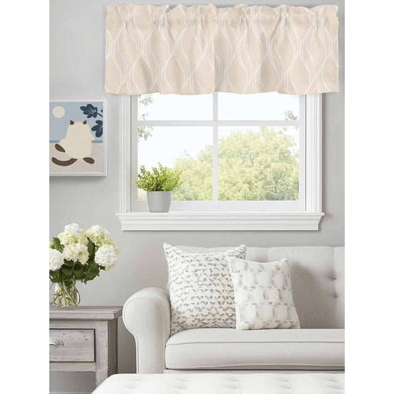Curtain Valance for Windows, Abstract Wave Stripes Beige Kitchen Valances Rod Pocket Short Curtains, Geometric White Lines Art Window Valance for Bedroom Bathroom Living room 60x18in