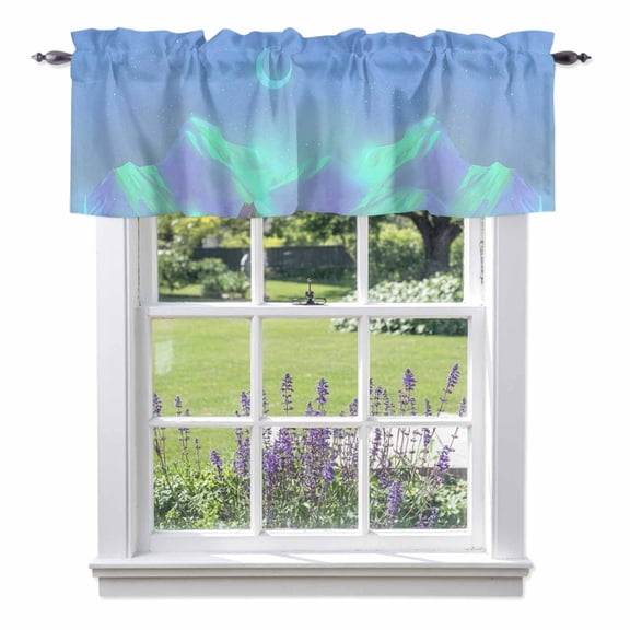 Curtain Valance for Windows, Aesthetic Ombre Mountain Hill Scenery Kitchen Valances Rod Pocket Short Curtains, Fantasy Aurora Light Landscape Window Valance for Bedroom Bathroom Living room 42x12in