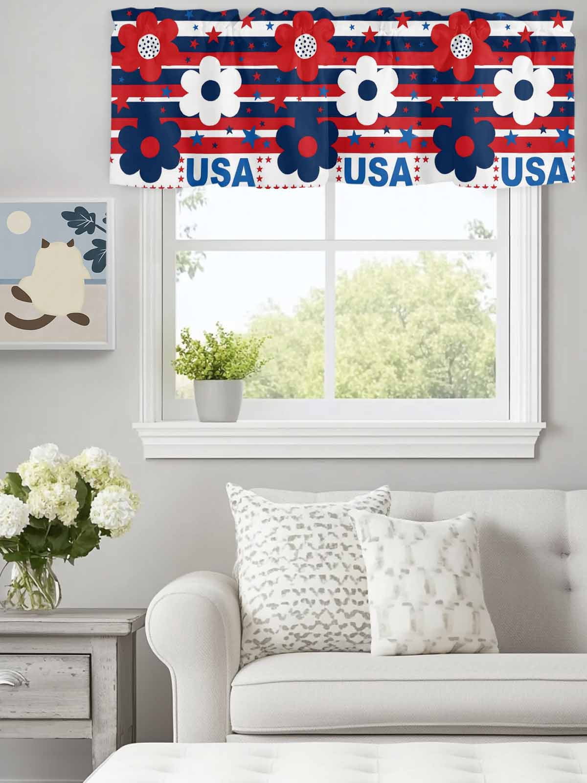Curtain Valance for Windows, American Flag Star Flower Kitchen Valances ...