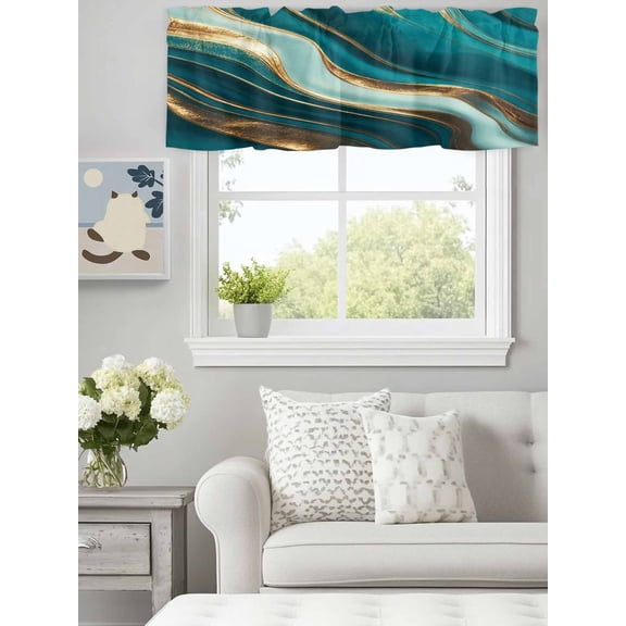 Curtain Valance for Windows, Aqua Green Marble Gold Stripes Kitchen Valances Rod Pocket Short Curtains, Teal Watercolor Gradient Abstract Stripe Window Valance for Bedroom Living room 60x18in