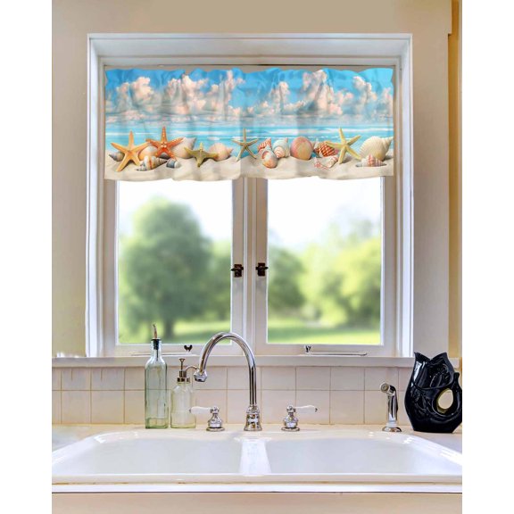 Curtain Valance for Windows Beach Conch Shells Summer Ocean Nautical Kitchen Valances Rod Pocket Short Curtains,Blue Sky White Clouds Window Treatment Panel for Living Room Bathroom Bedroom 42x12in