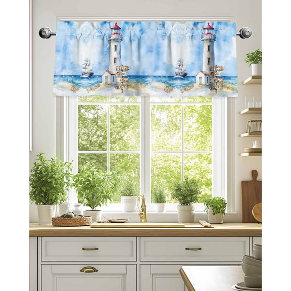 Curtain Valance for Windows,Beach Ocean Lighthouse Boat Kitchen Valances Rod Pocket Short Curtains,Blue Oil Painting Art Window Treatment Panel for Bedroom Bathroom 42"x18"