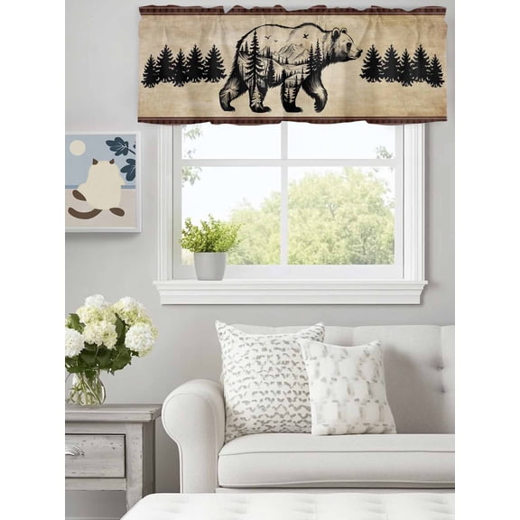 Curtain Valance for Windows,Bear Forest Mountains Animal Silhouette Kitchen Valances Rod Pocket Short Curtains,Vintage Brown Gradient Window Treatment Panel for Bedroom Bathroom 60"x18"