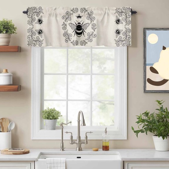 Curtain Valance for Windows, Bees Crowns Flower Rings on Linen Kitchen Valances Rod Pocket Short Curtains, Abstract Botantical Window Valance for Bedroom Bathroom Living room 54x18in