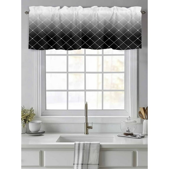 Curtain Valance for Windows,Black Grey Gradient White Stripes Kitchen Valances Rod Pocket Short Curtains,Lattice Geometric Window Treatment Panel for Bedroom Bathroom 42"x12"