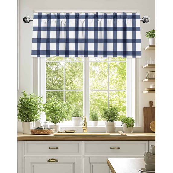 Curtain Valance for Windows,Blue Gingham Check Farm Style Kitchen Valances Rod Pocket Short Curtains,White Check Plaid Window Treatment Panel for Bedroom Bathroom 54"x18"
