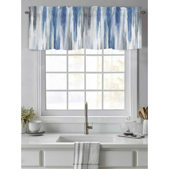 Curtain Valance for Windows,Blue Gradient Gray Stripe Kitchen Valances Rod Pocket Short Curtains,Watercolor Oil Painting Style Window Treatment Panel for Bedroom Bathroom 42"x12"