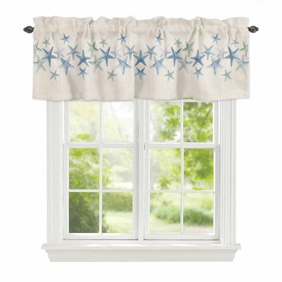 Curtain Valance for Windows, Blue Green Sea Starfish Kitchen Valances Rod Pocket Short Curtains, Marine Life on Retro Linen Window Valance for Bedroom Bathroom Living room 42x12in