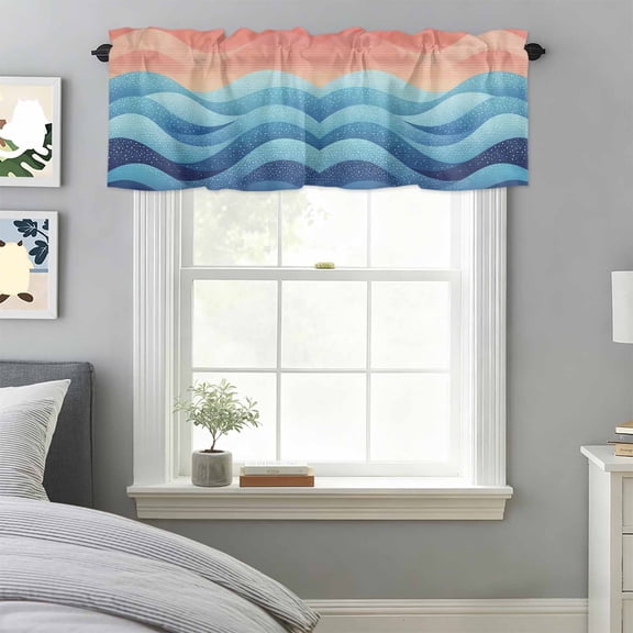 Curtain Valance for Windows, Blue Peach Layered Ocean Waves Kitchen Valances Rod Pocket Short Curtains, Gradient Striped Window Valance for Bedroom Bathroom Living room 42x18in