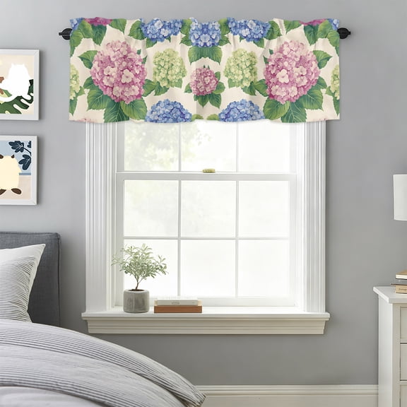 Curtain Valance for Windows, Blue Pink Green Hydrangea Blooms Kitchen Valances Rod Pocket Short Curtains, Retro Floral Art Window Valance for Bedroom Bathroom Living room 42x18in