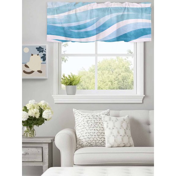 Curtain Valance for Windows,Blue White Ocean Waves Kitchen Valances Rod Pocket Short Curtains,Abstract Geometric Pattern Window Treatment Panel for Bedroom Bathroom 60x18in