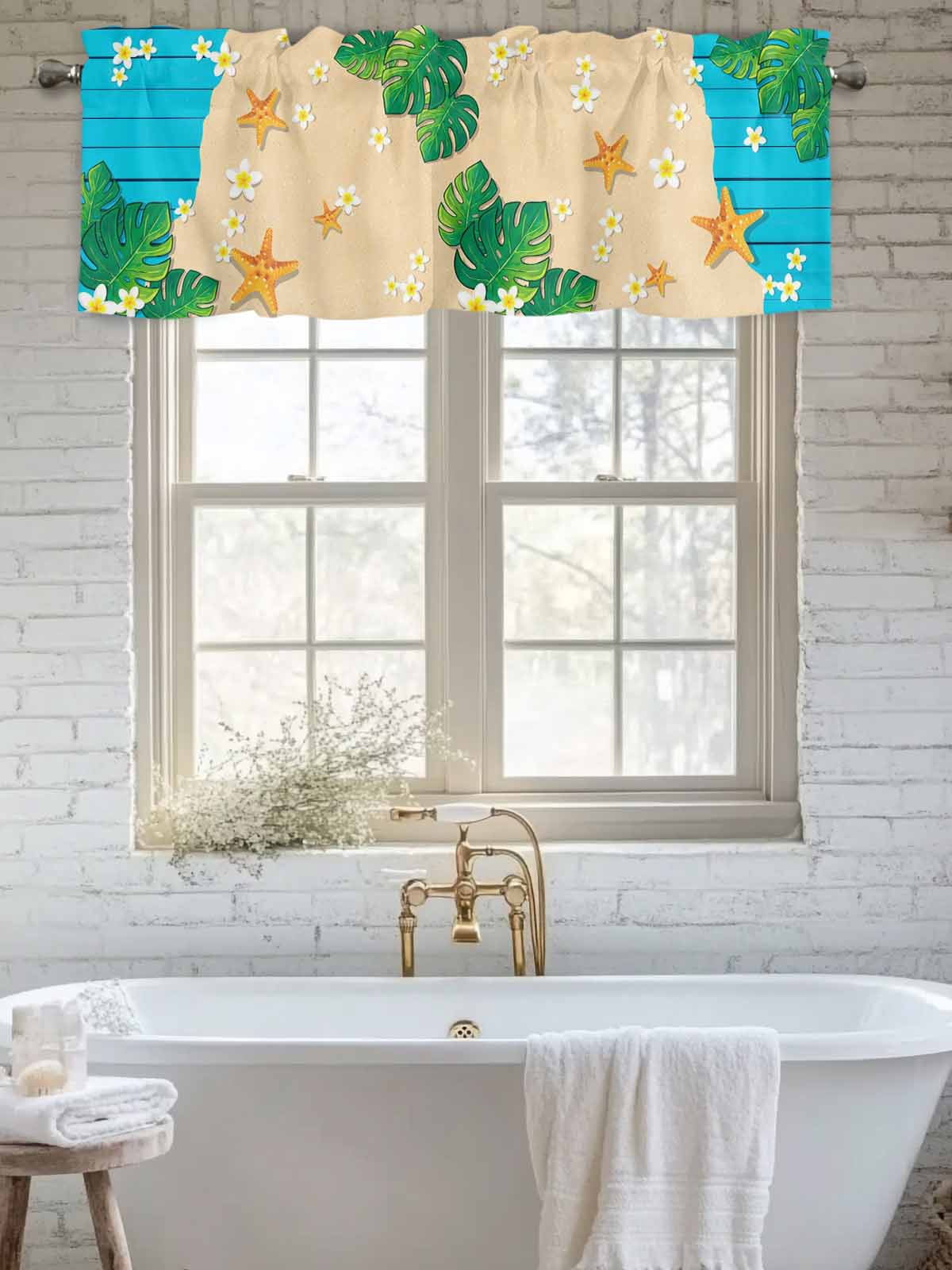 Curtain Valance for Windows, Blue Wood Beach Starfish Kitchen Valances ...