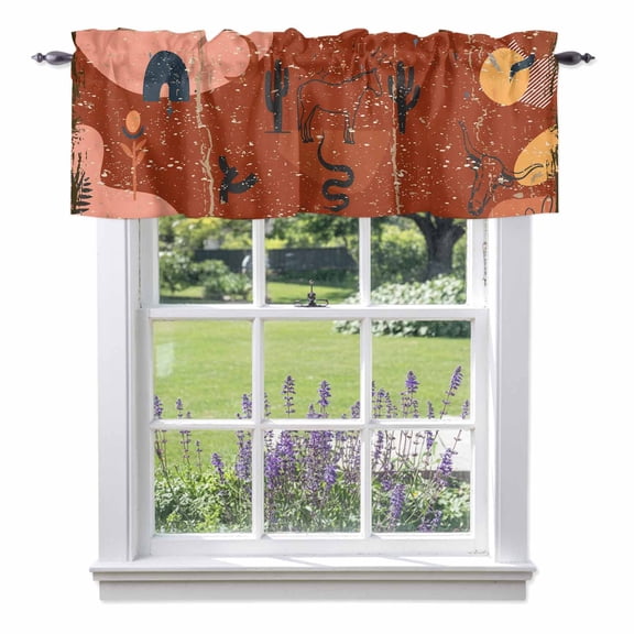 Curtain Valance for Windows, Bohemian Orange Arch Sun Rustic Texture Kitchen Valances Rod Pocket Short Curtains, Abstract Tropical Cactus Window Valance for Bedroom Bathroom Living room 42x12in