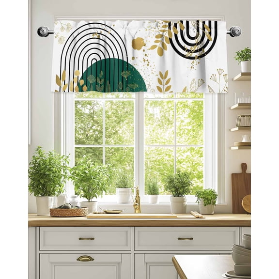 Curtain Valance for Windows,Boho Arch Black Stripes Abstract Leaf Kitchen Valances Rod Pocket Short Curtains,Dark Green Color Block on White Window Treatment Panel for Bedroom Bathroom 42"x18"
